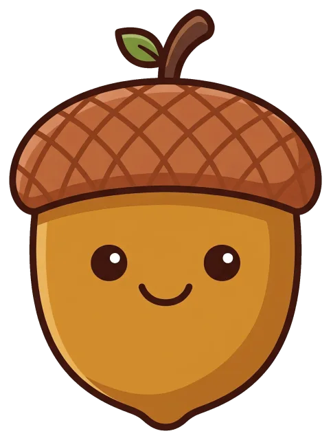 Cute smiling acorn with leaf and stem