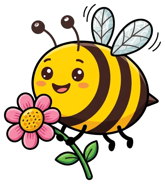 Cute smiling bee holding a pink flower