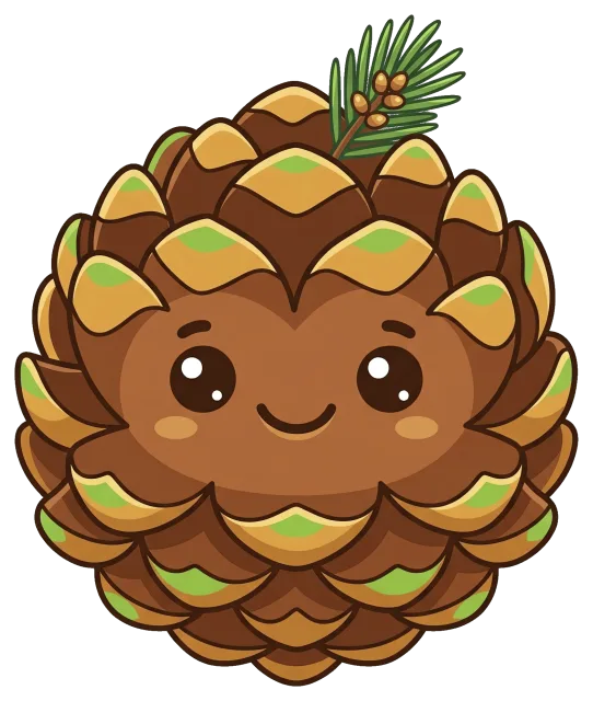 Cute smiling pine cone with green accents and pine needle
