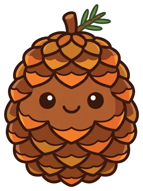 Cute smiling pine cone with green leaf
