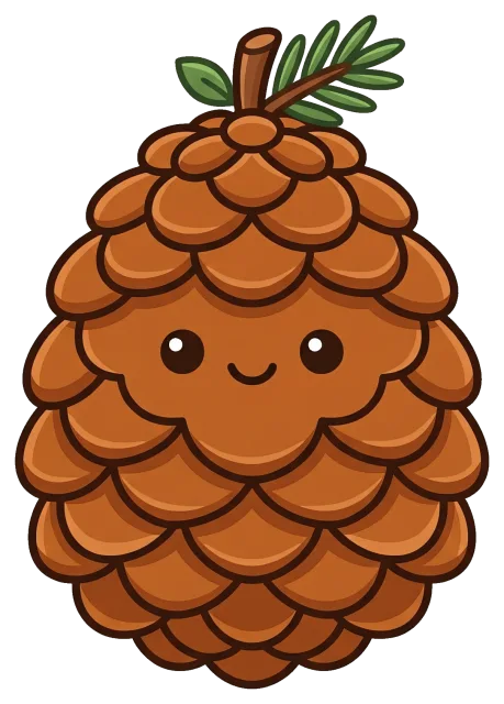 Cute smiling pine cone with green leaves