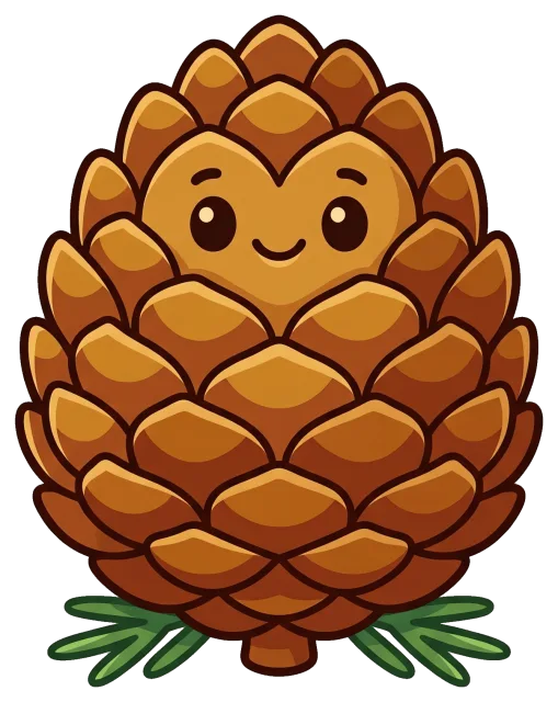 Cute smiling pine cone with green leaves