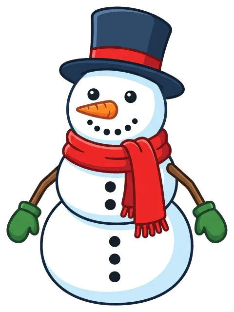 Cute snowman with red scarf and blue top hat