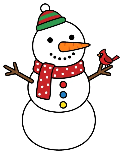Cute snowman with red scarf and cardinal bird