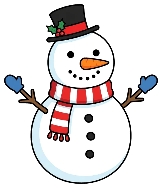 Cute snowman with striped scarf and top hat