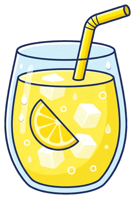 Glass of lemonade with ice cubes and lemon slice