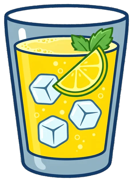 Glass of lemonade with ice cubes and lemon slice