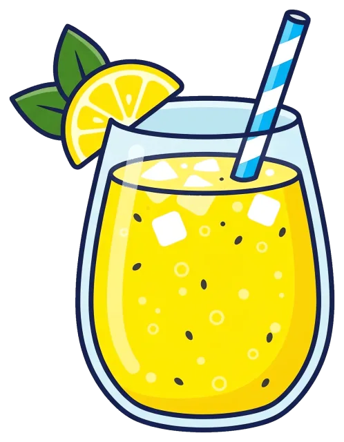 Glass of lemonade with ice, lemon slice, and striped straw