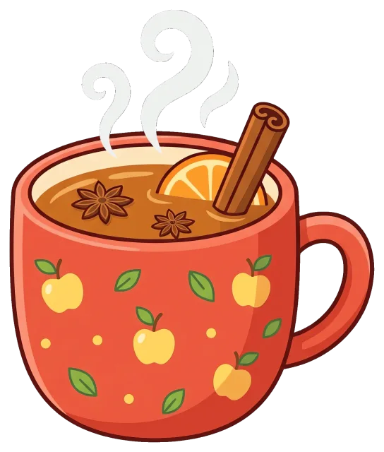 Hot apple cider in a decorated mug with cinnamon and orange slice