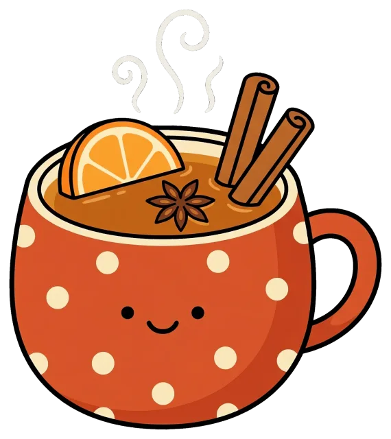 Hot apple cider in a polka dot mug with cinnamon and orange