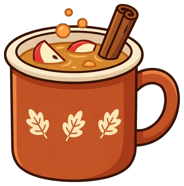 Hot apple cider in autumn-themed mug with cinnamon stick
