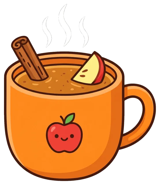 Hot apple cider in orange mug with cinnamon stick and apple slice