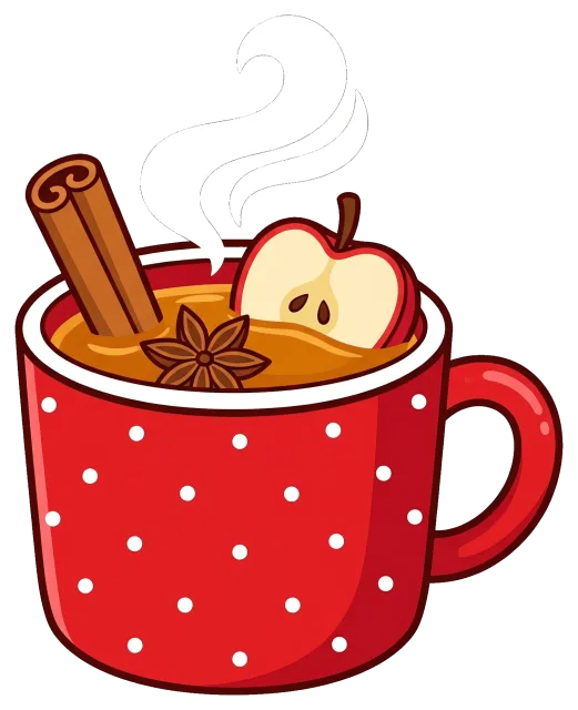 Hot apple cider in red polka dot mug with cinnamon and apple