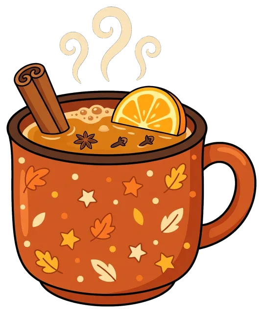Hot apple cider with cinnamon and orange slice in autumn mug