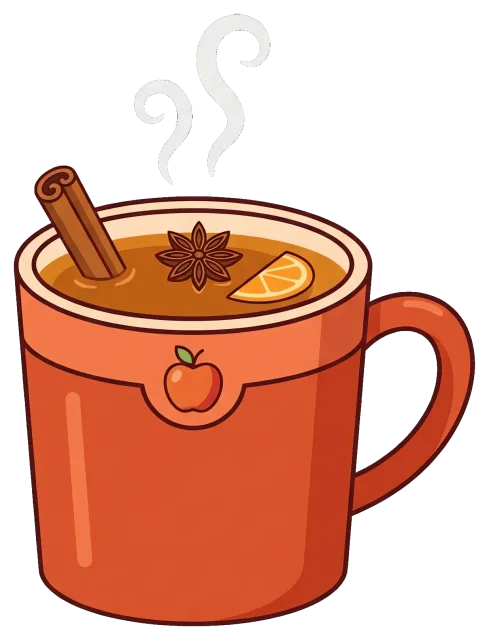 Hot apple cider with cinnamon and star anise in orange mug