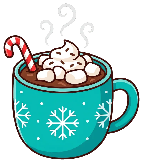 Hot cocoa with marshmallows and candy cane in snowflake mug