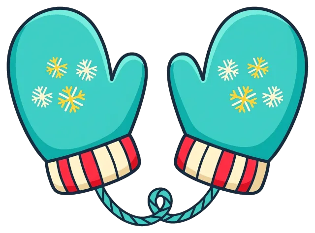 Pair of blue mittens with snowflake patterns and striped cuffs