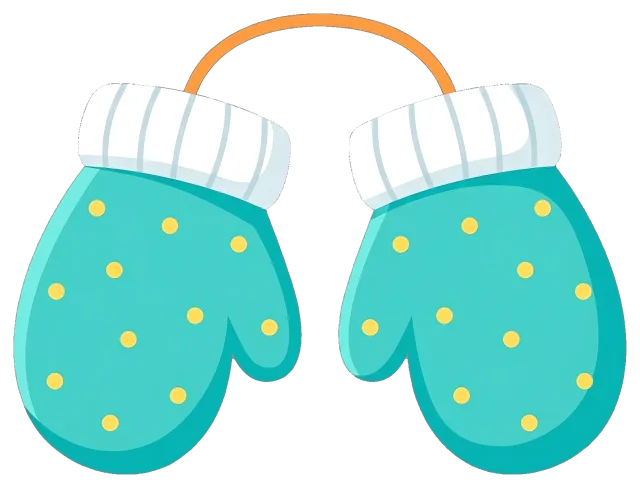 Pair of teal mittens with yellow dots connected by orange string