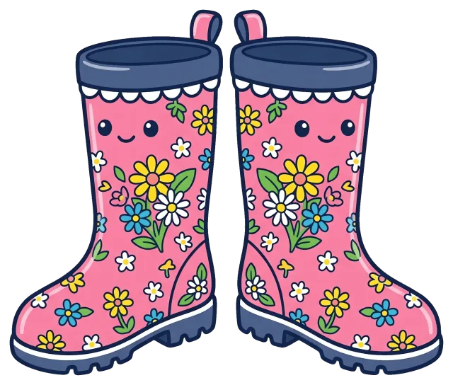 Pink Rain Boots with Colorful Flowers and Smiling Faces