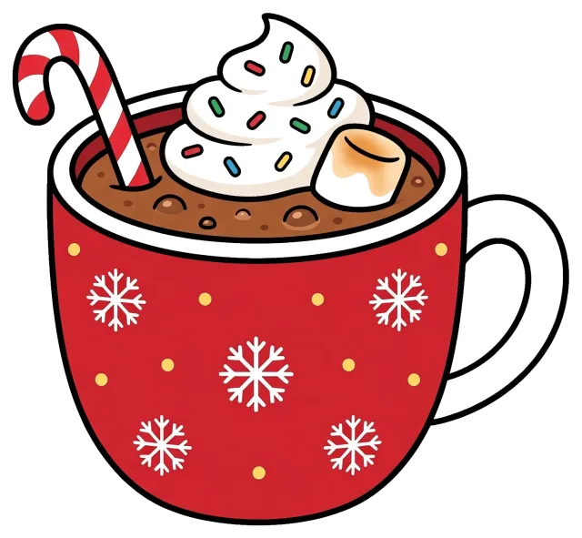 Red Cup of Hot Cocoa with Whipped Cream and Candy Cane