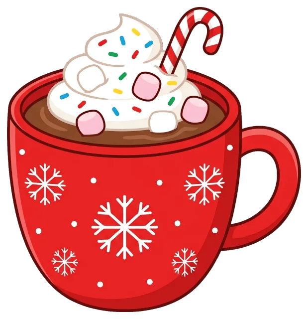 Red Mug of Hot Cocoa with Whipped Cream and Candy Cane