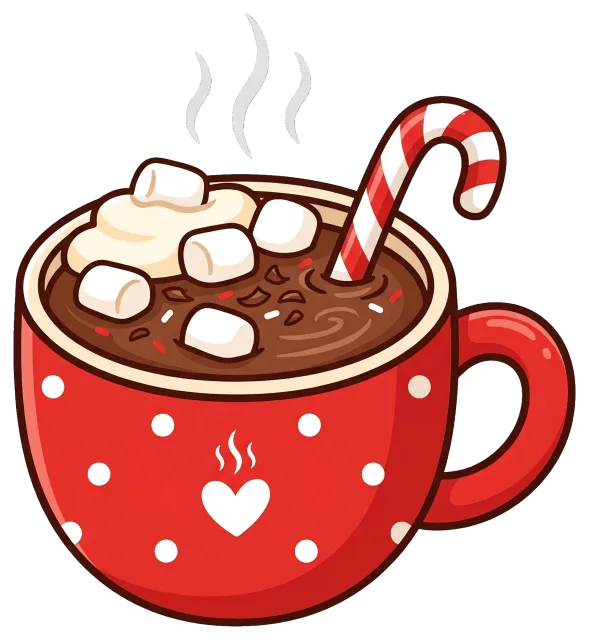 Red Polka Dot Cup of Hot Cocoa with Marshmallows and Candy Cane