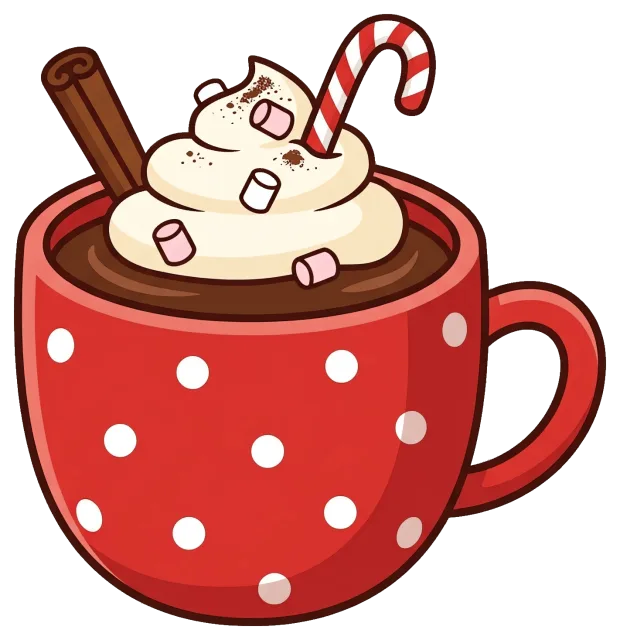 Red Polka Dot Mug of Hot Cocoa with Whipped Cream and Candy Cane