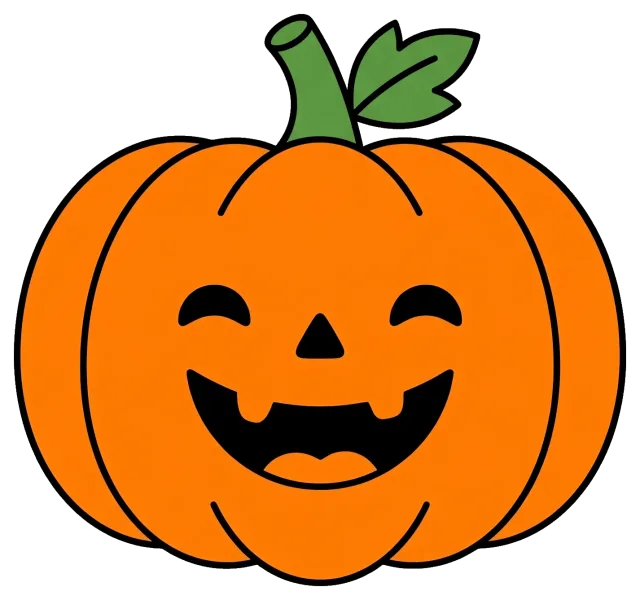 Smiling pumpkin cartoon character with green stem and leaf