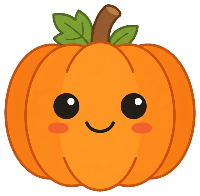 Smiling pumpkin with cute face and green leaves