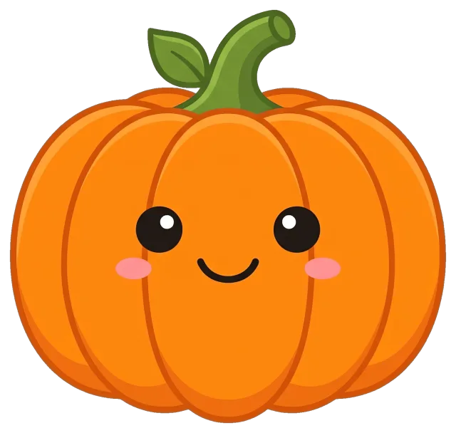 Smiling pumpkin with green stem and leaf
