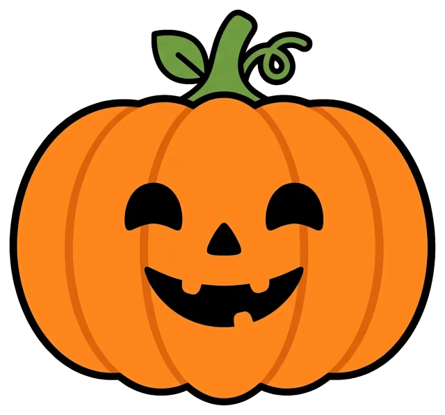 Smiling pumpkin with green stem and leaf