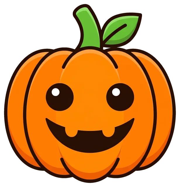 Smiling pumpkin with green stem and leaf