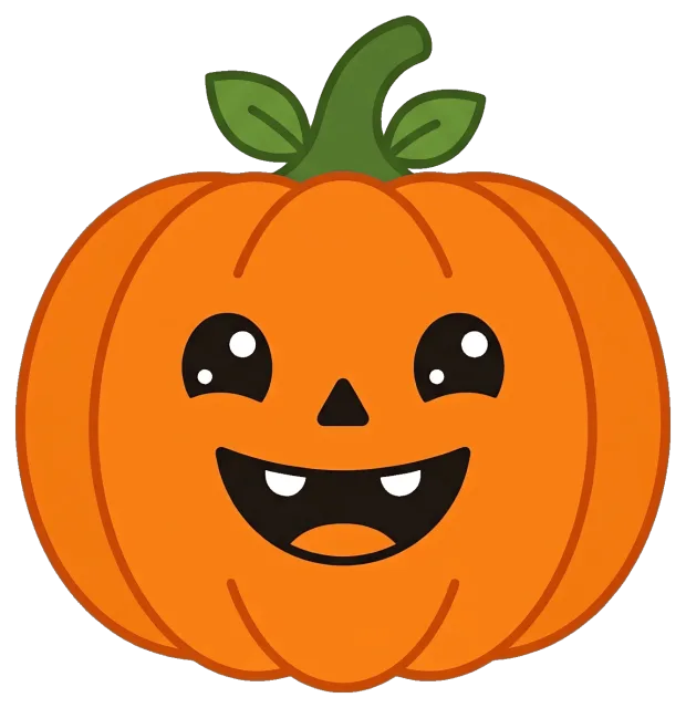 Smiling pumpkin with green stem and leaves