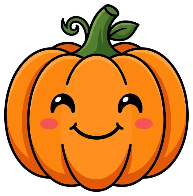 Smiling pumpkin with green stem and rosy cheeks