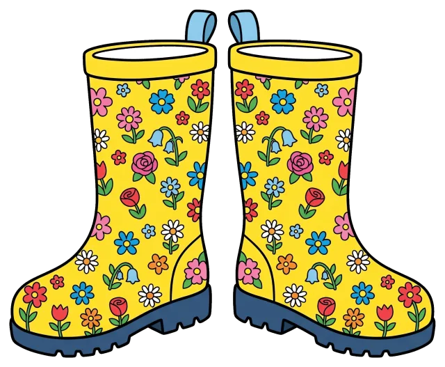 Yellow rain boots with colorful flower pattern