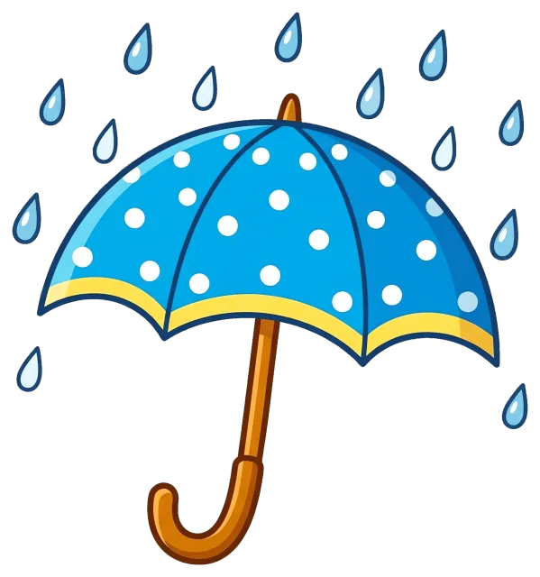 Blue polka dot umbrella with raindrops falling