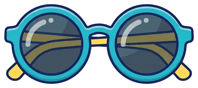Blue round sunglasses with yellow temples in 2D cartoon style