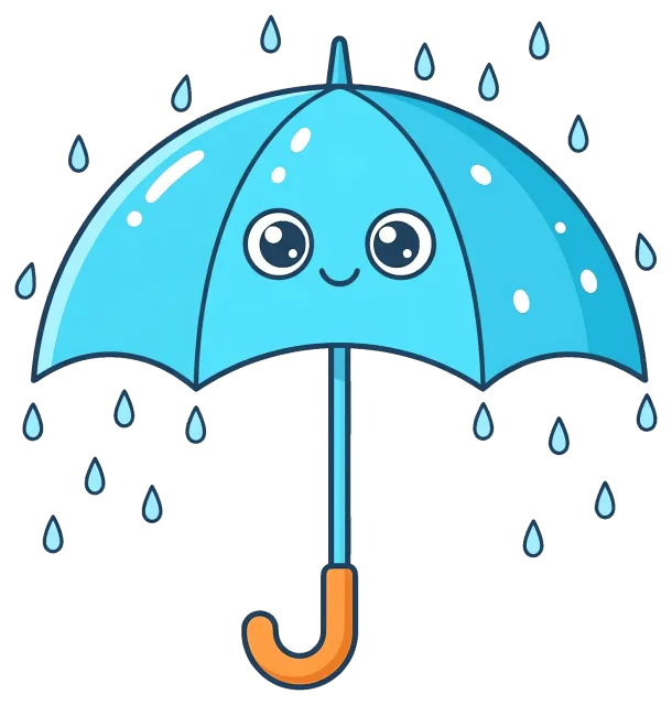 Blue umbrella with smiling face and raindrops