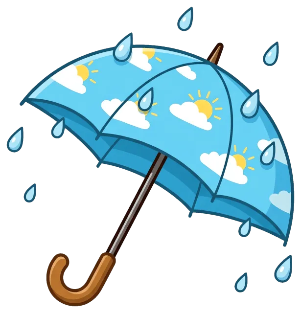 Blue Umbrella with Sun and Cloud Pattern and Raindrops