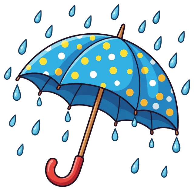 Blue Umbrella with Yellow and White Polka Dots in Rain
