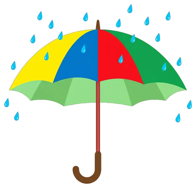 Colorful umbrella with raindrops falling around