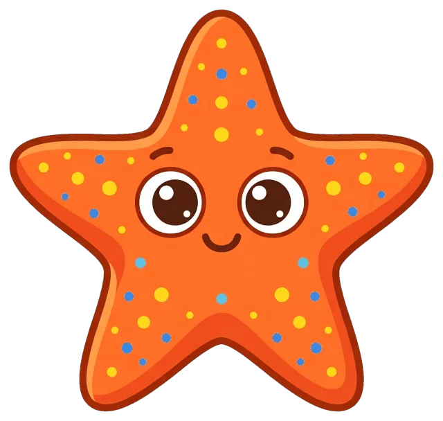 Cute orange starfish with colorful spots and smiling face