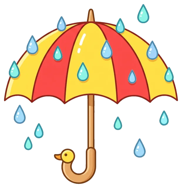 Red and yellow umbrella with raindrops and duck handle
