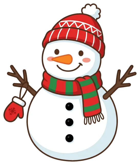 Smiling snowman with red hat and striped scarf