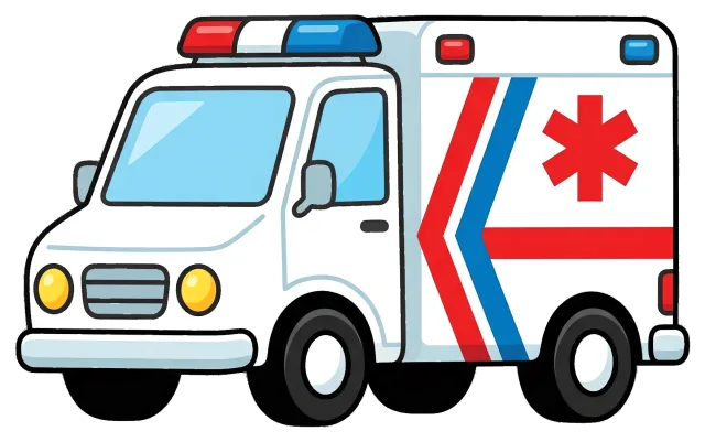 Ambulance with red and blue emergency markings on grey background