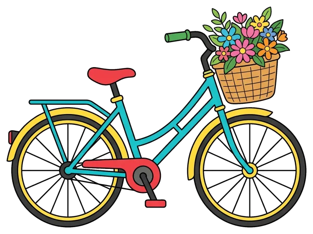 Blue bicycle with flower basket on handlebars