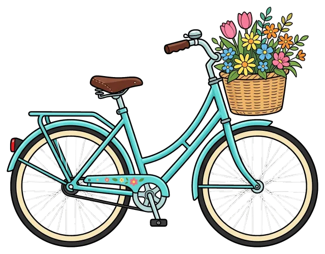 Blue bicycle with flower basket on handlebars