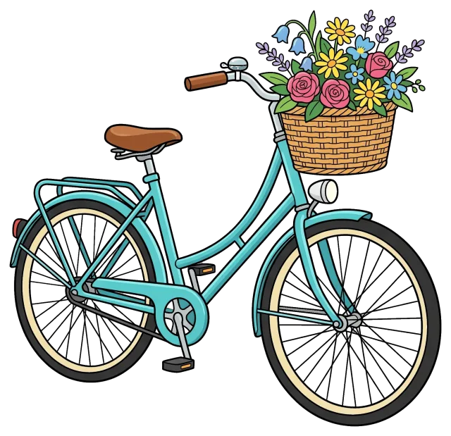 Blue bicycle with flower basket on handlebars
