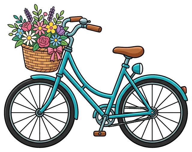 Blue bicycle with flower-filled basket