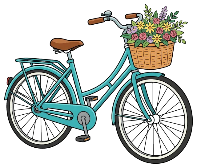 Blue bicycle with flower-filled basket on front